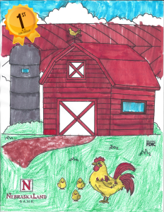 A coloring page of a red barn, a rooster, and chicks.