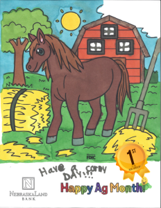 A coloring page of a red barn, brown horse, and yellow hay.