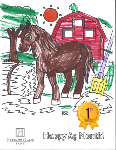 a coloring page of a red barn and brown horse.