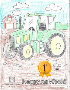 A coloring page of a green tractor and red barn