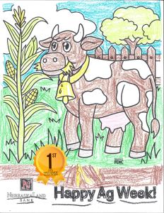 A coloring page of a brown cow and a corn stalk.